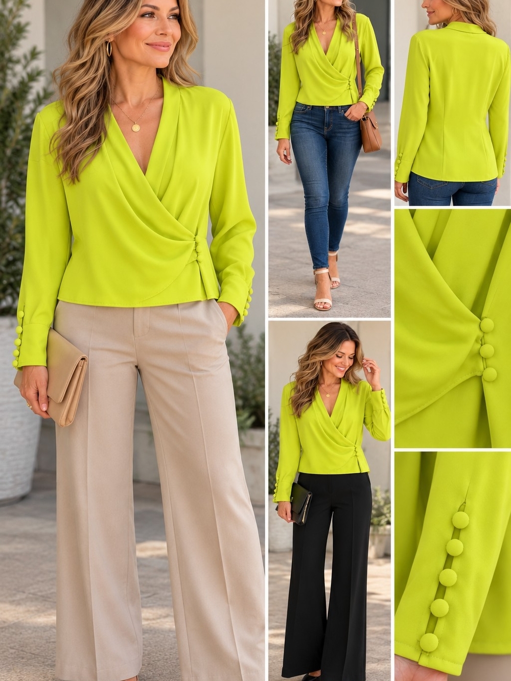 Zara Lime Green Draped Wrap Blouse Medium Long Sleeve Covered Buttons